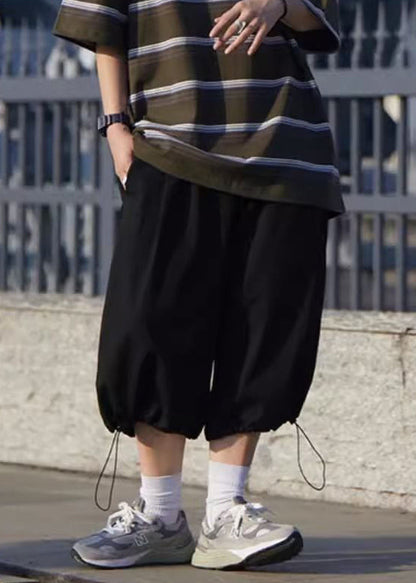 Simple Grey Pockets Drawstring Ice Silk Men Crop Pants Summer