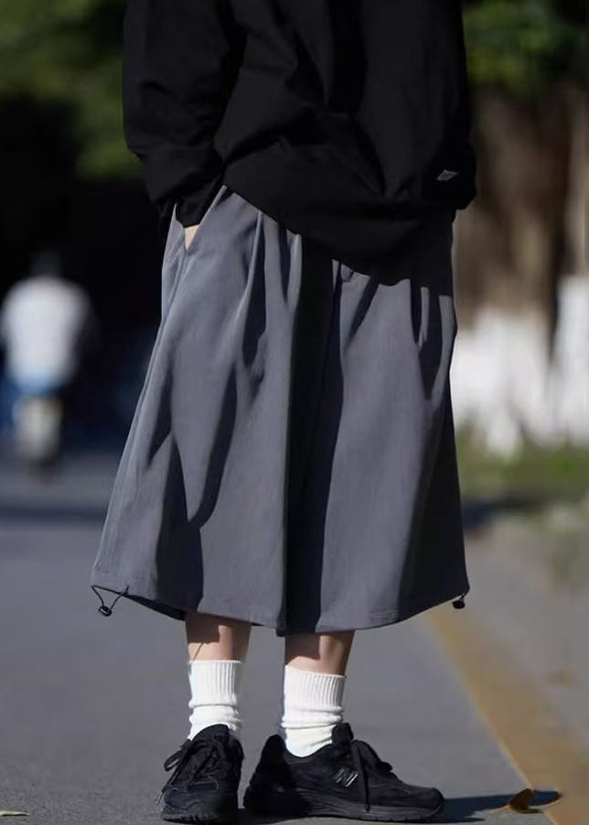 Simple Grey Pockets Drawstring Ice Silk Men Crop Pants Summer