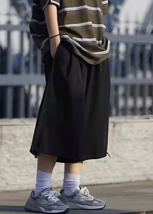 Simple Grey Pockets Drawstring Ice Silk Men Crop Pants Summer