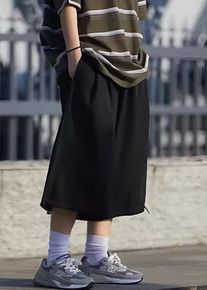 Simple Grey Pockets Drawstring Ice Silk Men Crop Pants Summer