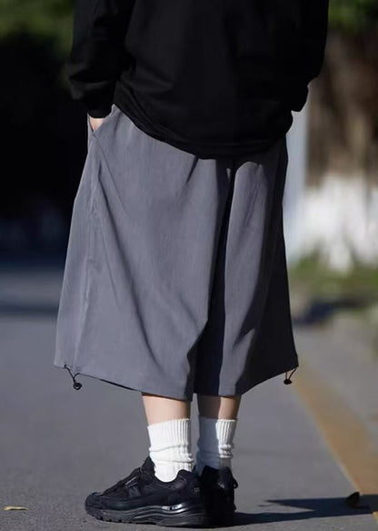 Simple Grey Pockets Drawstring Ice Silk Men Crop Pants Summer