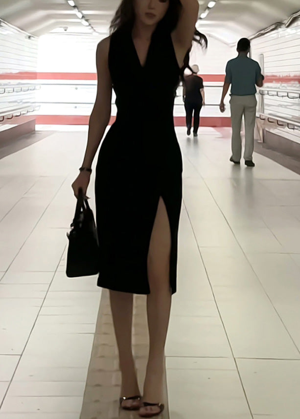 V Strap Fi Spaghetti Side Maxi Open Neck Dresses Slim Sleeveless Black