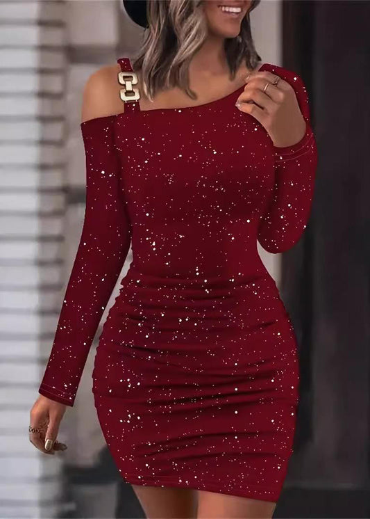 Slim Fit Mulberry Cold Shoulder Sequins Mid Dresses Fall