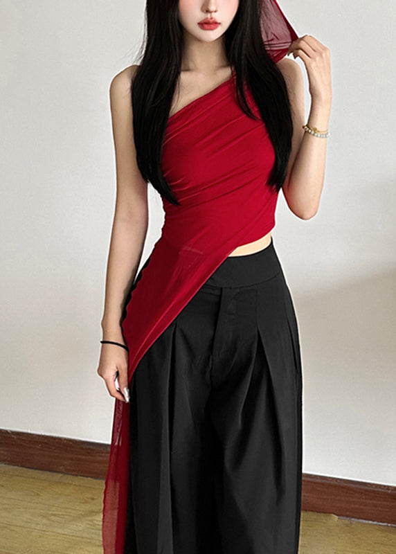 Slim Fit Red One Shoulder Asymmetrical Tulle Shirt Sleeveless