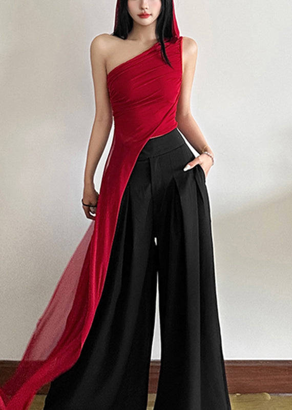 Slim Fit Red One Shoulder Asymmetrical Tulle Shirt Sleeveless