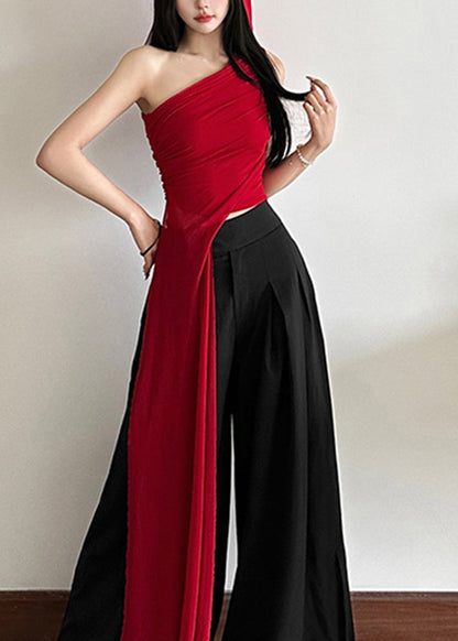 Slim Fit Red One Shoulder Asymmetrical Tulle Shirt Sleeveless