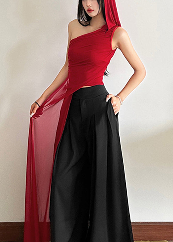 Slim Fit Red One Shoulder Asymmetrical Tulle Shirt Sleeveless