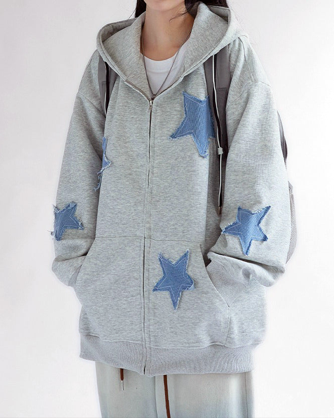 Star Patch  Zip Up Hoodie - Aesthetic Outfits - Boogzel Clothing