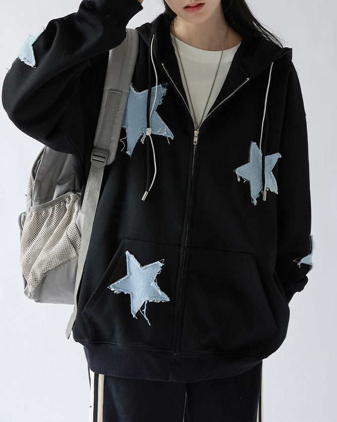 Star Patch  Zip Up Hoodie - Aesthetic Outfits - Boogzel Clothing