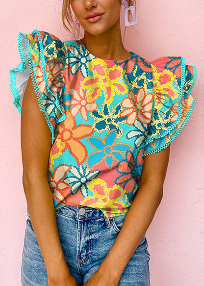 Print Shirt Summer Ruffled O-Neck Style Green T