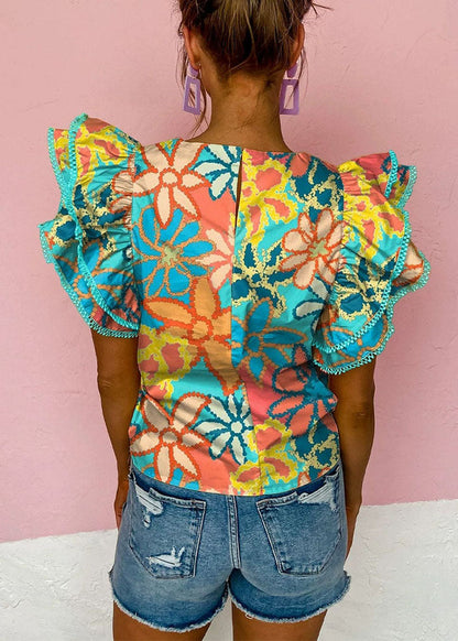 Print Shirt Summer Ruffled O-Neck Style Green T