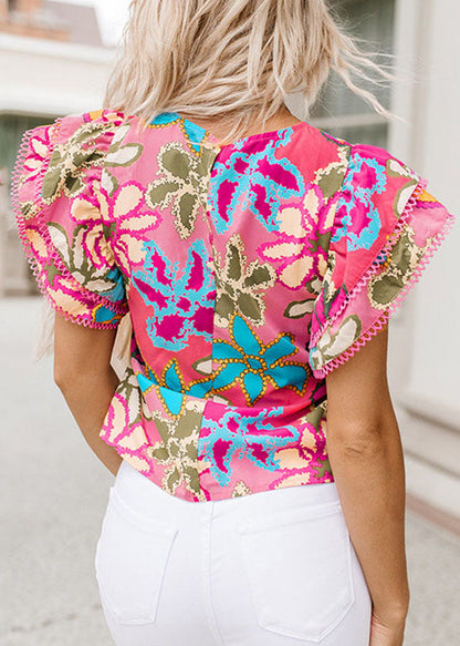 Print Shirt Summer Ruffled O-Neck Style Green T