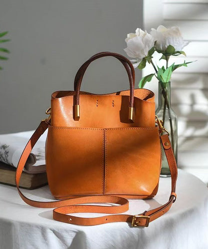 Large Durable Style Tote Handbag Orange Leather