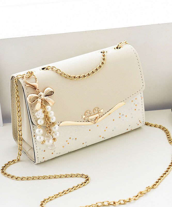 Linked Stylish Chain Faux Flap Beige Leather Bag