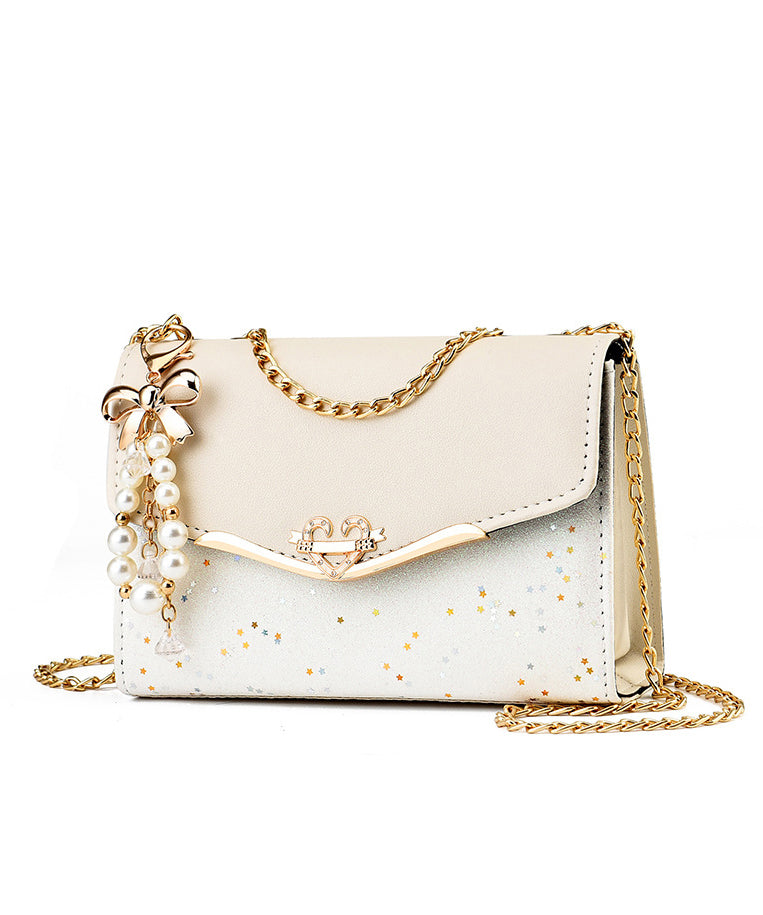Linked Stylish Chain Faux Flap Beige Leather Bag