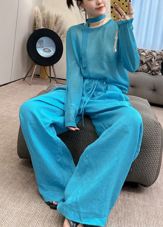 O-Neck Stylish Piece Pants Wide Knit Toop Blue And Fall Two Leg Set