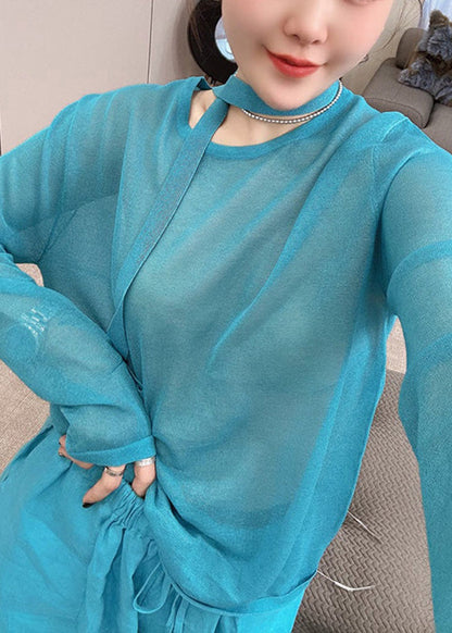 O-Neck Stylish Piece Pants Wide Knit Toop Blue And Fall Two Leg Set