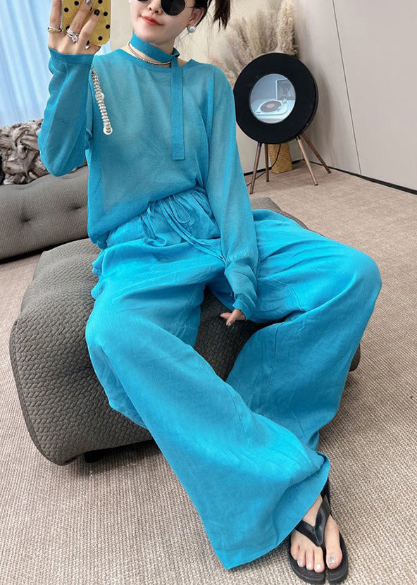 O-Neck Stylish Piece Pants Wide Knit Toop Blue And Fall Two Leg Set