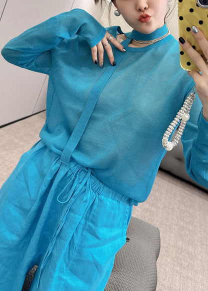 O-Neck Stylish Piece Pants Wide Knit Toop Blue And Fall Two Leg Set