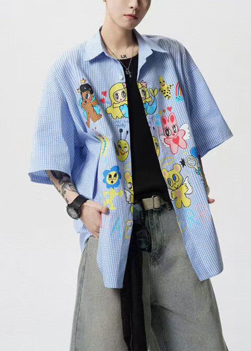 Stylish Blue Peter Pan Collar Print Cotton Shirts Mens Summer