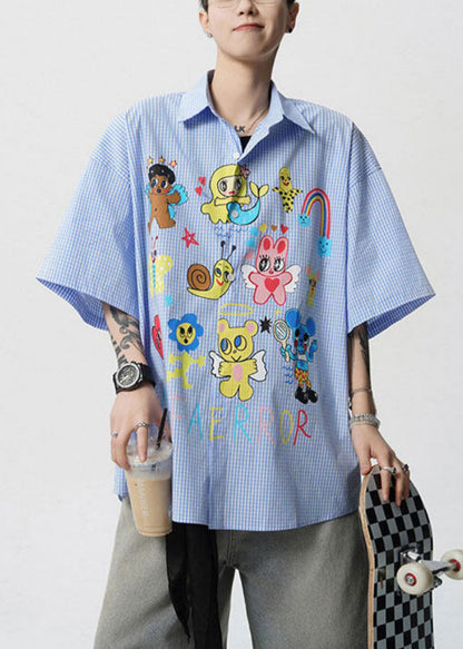 Stylish Blue Peter Pan Collar Print Cotton Shirts Mens Summer