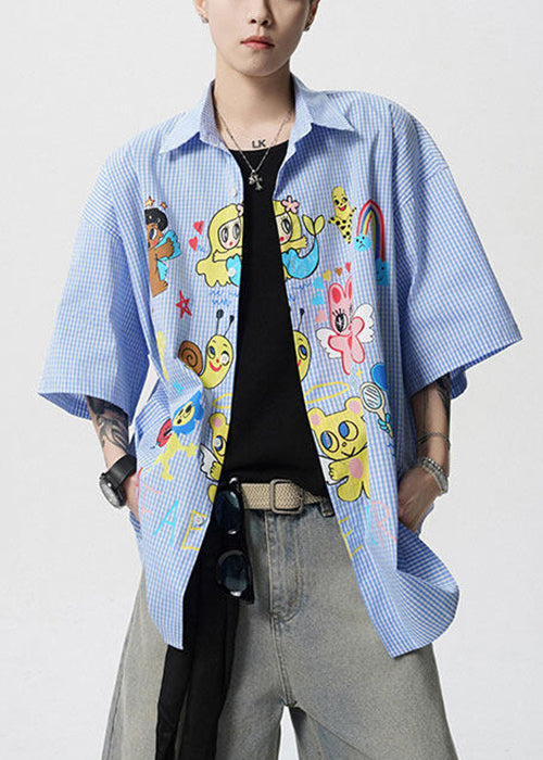 Stylish Blue Peter Pan Collar Print Cotton Shirts Mens Summer