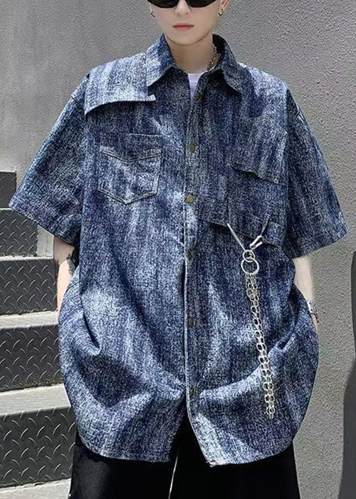 Stylish Blue Tie Dye Chain Linked Denim Mens Shirts Half Sleeve