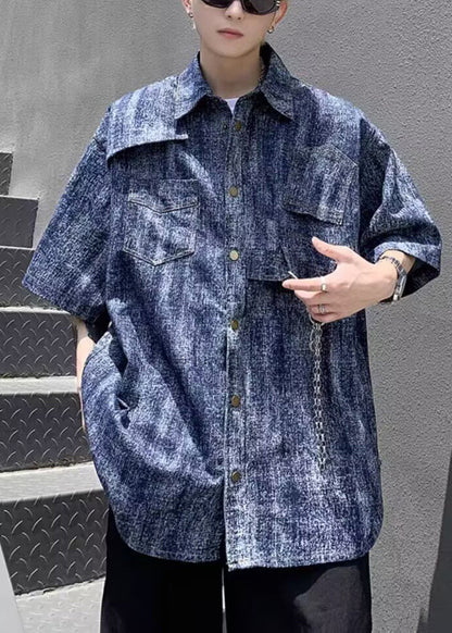 Stylish Blue Tie Dye Chain Linked Denim Mens Shirts Half Sleeve