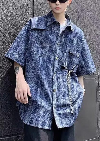 Stylish Blue Tie Dye Chain Linked Denim Mens Shirts Half Sleeve