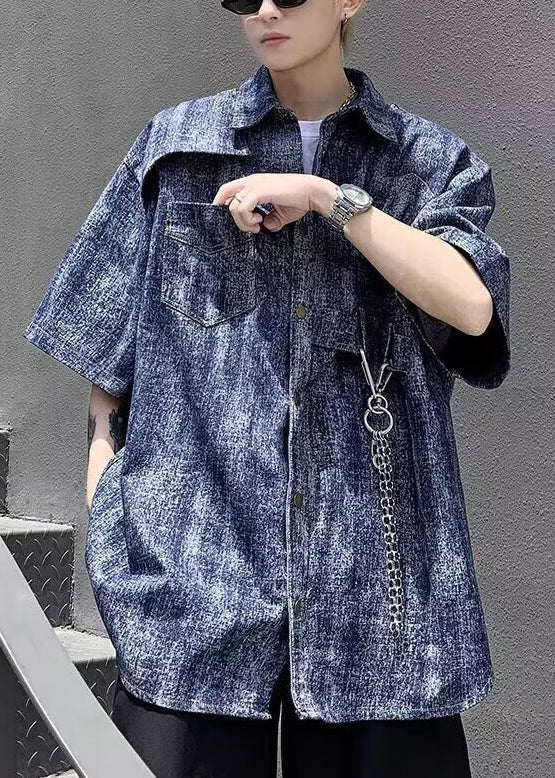 Stylish Blue Tie Dye Chain Linked Denim Mens Shirts Half Sleeve