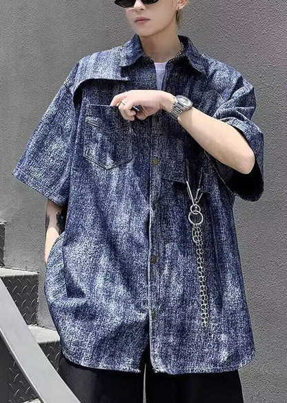 Stylish Blue Tie Dye Chain Linked Denim Mens Shirts Half Sleeve