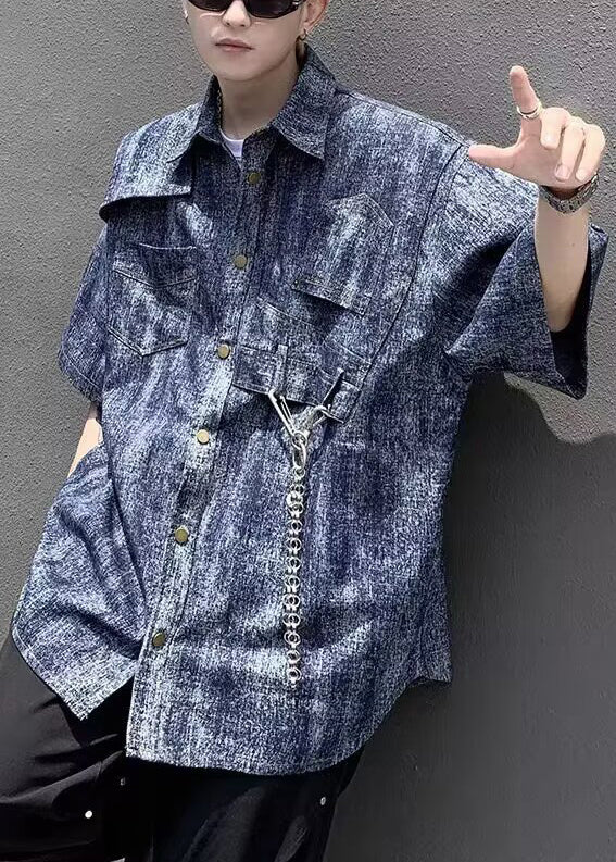 Stylish Blue Tie Dye Chain Linked Denim Mens Shirts Half Sleeve