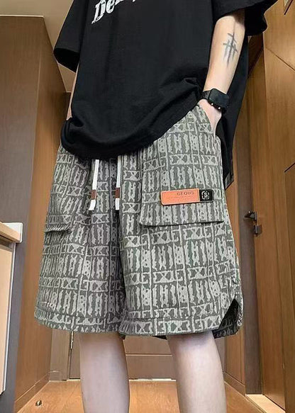 Stylish Green Print Pockets Elastic Waist Cotton Men Shorts Summer