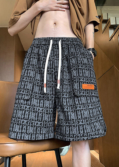 Stylish Green Print Pockets Elastic Waist Cotton Men Shorts Summer