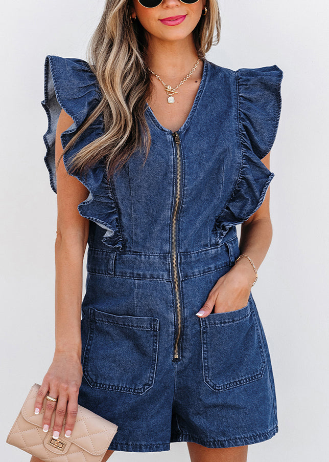 Ruffled Denim Sleeve O-Neck Stylish Short Jumpsuit Zippered Navy