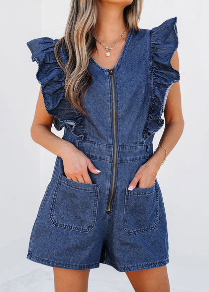 Ruffled Denim Sleeve O-Neck Stylish Short Jumpsuit Zippered Navy