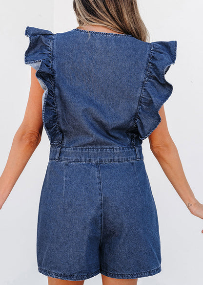 Ruffled Denim Sleeve O-Neck Stylish Short Jumpsuit Zippered Navy
