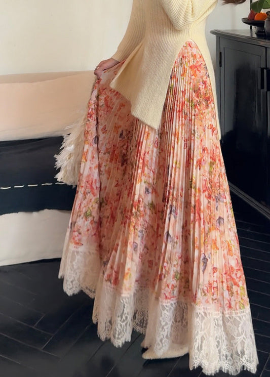 Stylish Orange Print Lace Patchwork Chiffon Pleated Skirt Summer