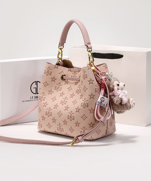 Leather Bag Stylish Embossed Calf Bucket Pink