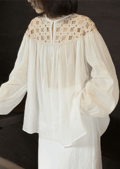 Stylish White O-Neck Wrinkled Hollow Out Silk Cotto Shirts Fall