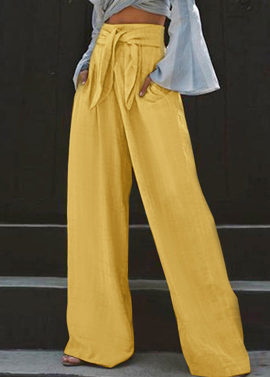 Stylish Yellow High Waist Pockets Wide Leg Pants Summer