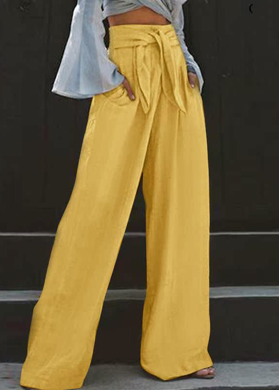 Stylish Yellow High Waist Pockets Wide Leg Pants Summer