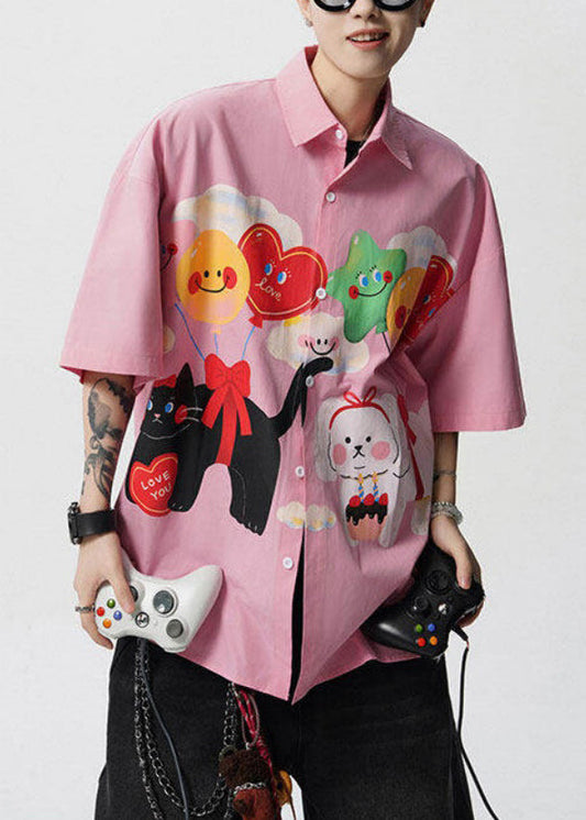 Stylish Yellow Peter Pan Collar Print Button Cotton Mens Shirts Half Sleeve