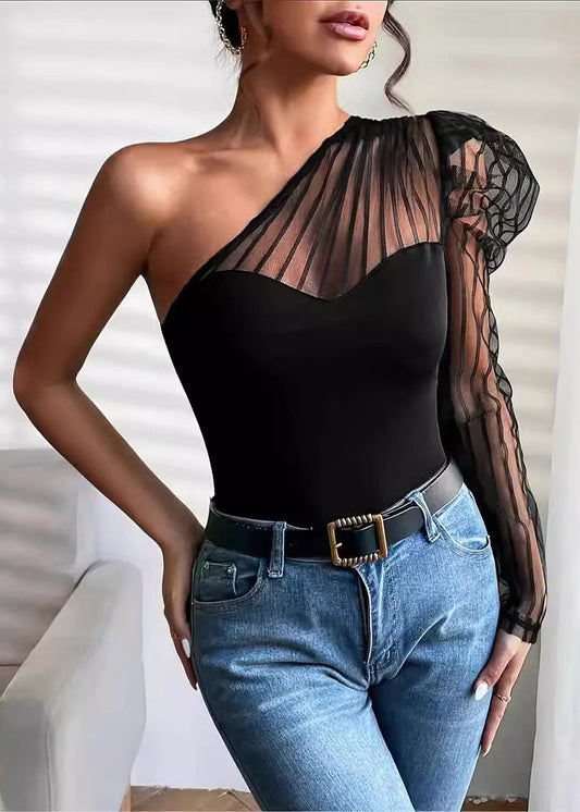 Summer Sexy Tulle Patchwork One Shoulder Long Sleeved T-Shirt Top