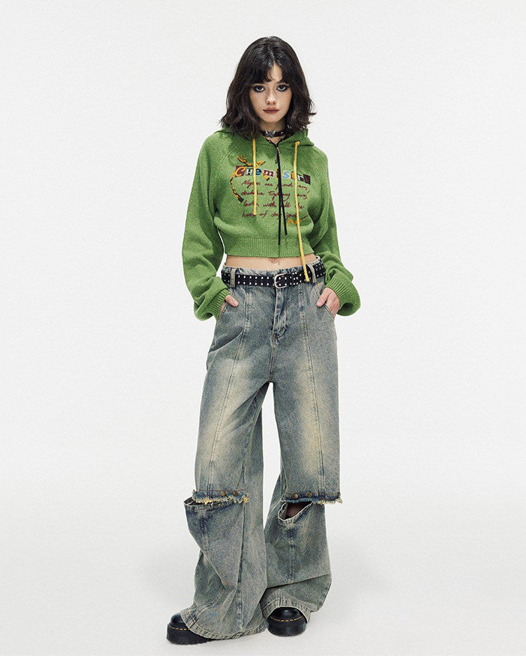 This preppy cropped hoodie in green features a cute 'Chemistry' print, ruffled collar details, and a knit construction