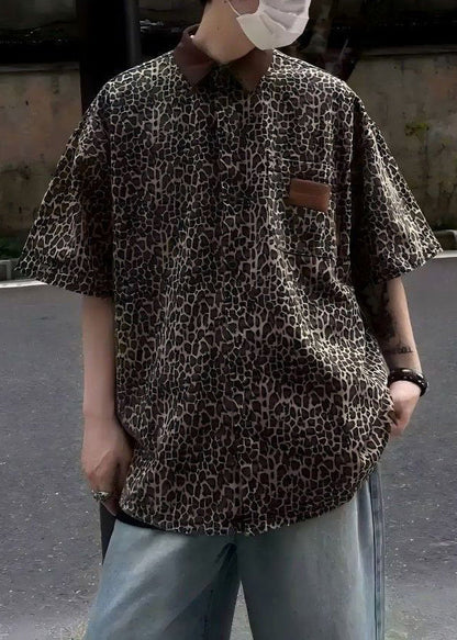 Unique Leopard Pockets Corduroy Patchwork Men Shirts Half Sleeve