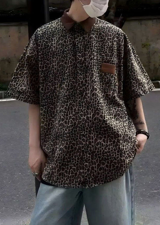 Unique Leopard Pockets Corduroy Patchwork Men Shirts Half Sleeve