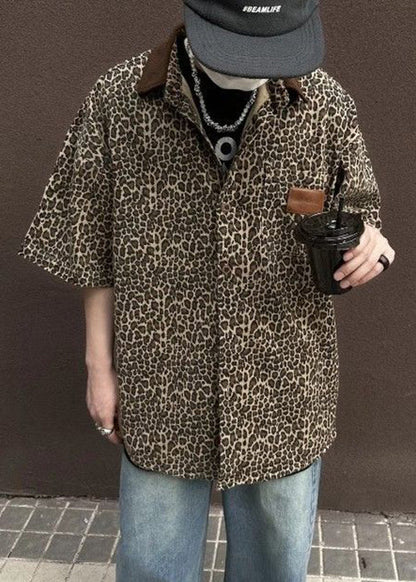 Unique Leopard Pockets Corduroy Patchwork Men Shirts Half Sleeve
