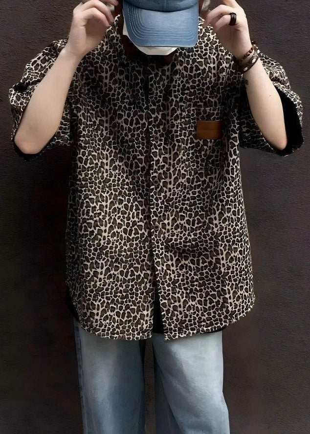 Unique Leopard Pockets Corduroy Patchwork Men Shirts Half Sleeve