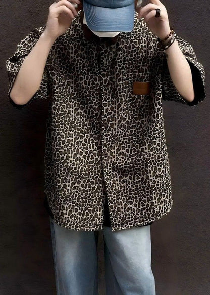 Unique Leopard Pockets Corduroy Patchwork Men Shirts Half Sleeve